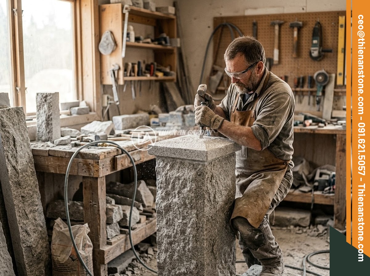 Trụ Đá Hàng Rào - Hình 45 Trụ Đá Hàng Rào - Professional stone craftsman carefully finishing a natural stone fence pillar, w