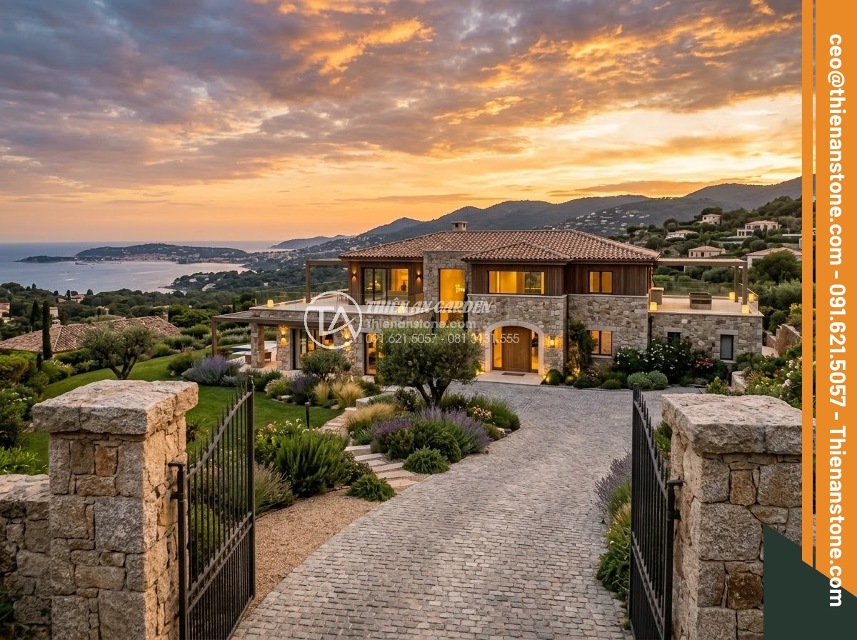 Trụ Đá Hàng Rào - Hình 46 Trụ Đá Hàng Rào - Final establishing shot of a completed luxury villa with natural stone fence pil
