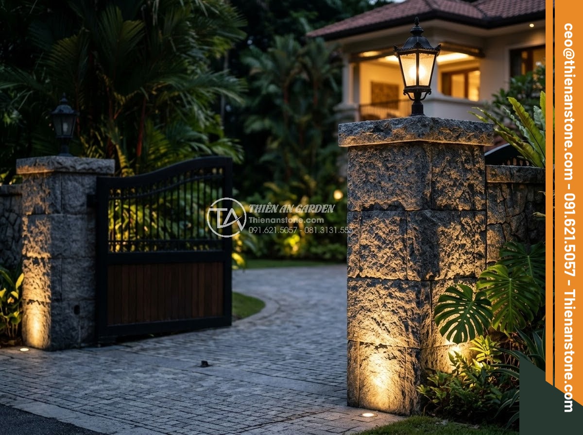 Trụ Đá Hàng Rào - Hình 5 Trụ Đá Hàng Rào - Night time architectural photography of stone fence pillars illuminated by warm