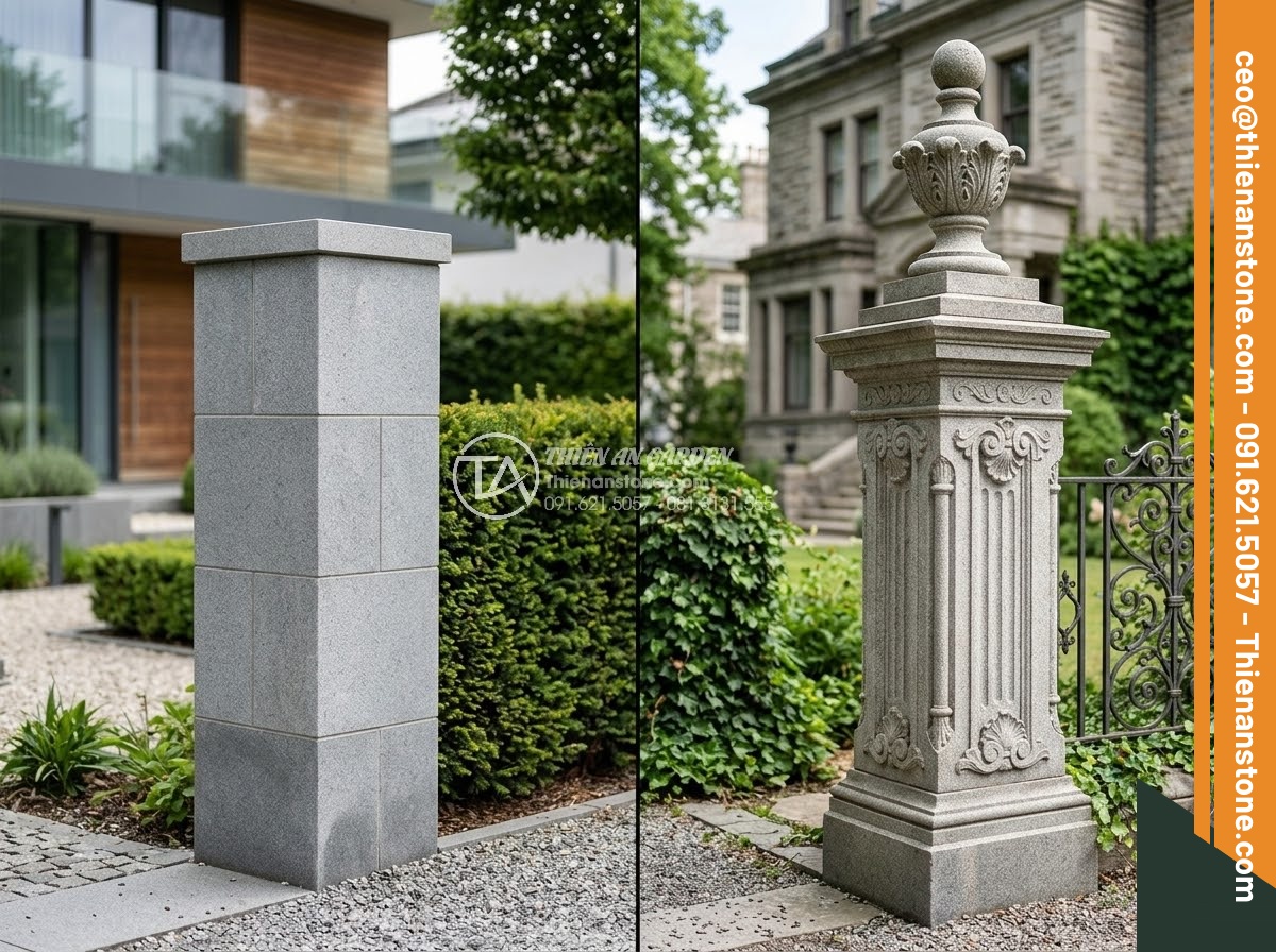 Trụ Đá Hàng Rào - Hình 6 Trụ Đá Hàng Rào - Split comparison photo showing stone fence pillars in different architectural st