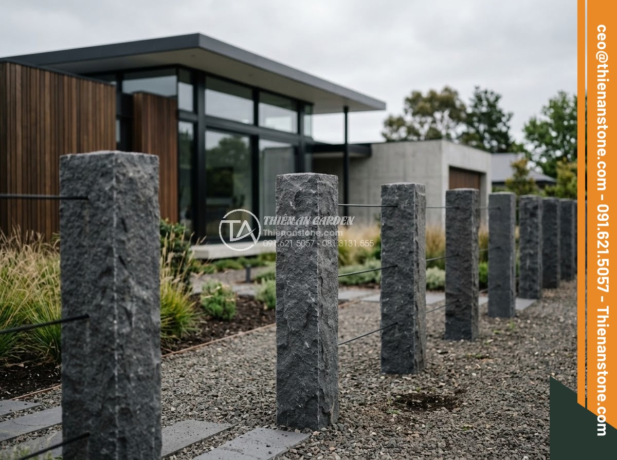 Trụ Đá Hàng Rào - Hình 9 Trụ Đá Hàng Rào - Basalt stone fence pillars in a row along a modern minimalist property, dark gre