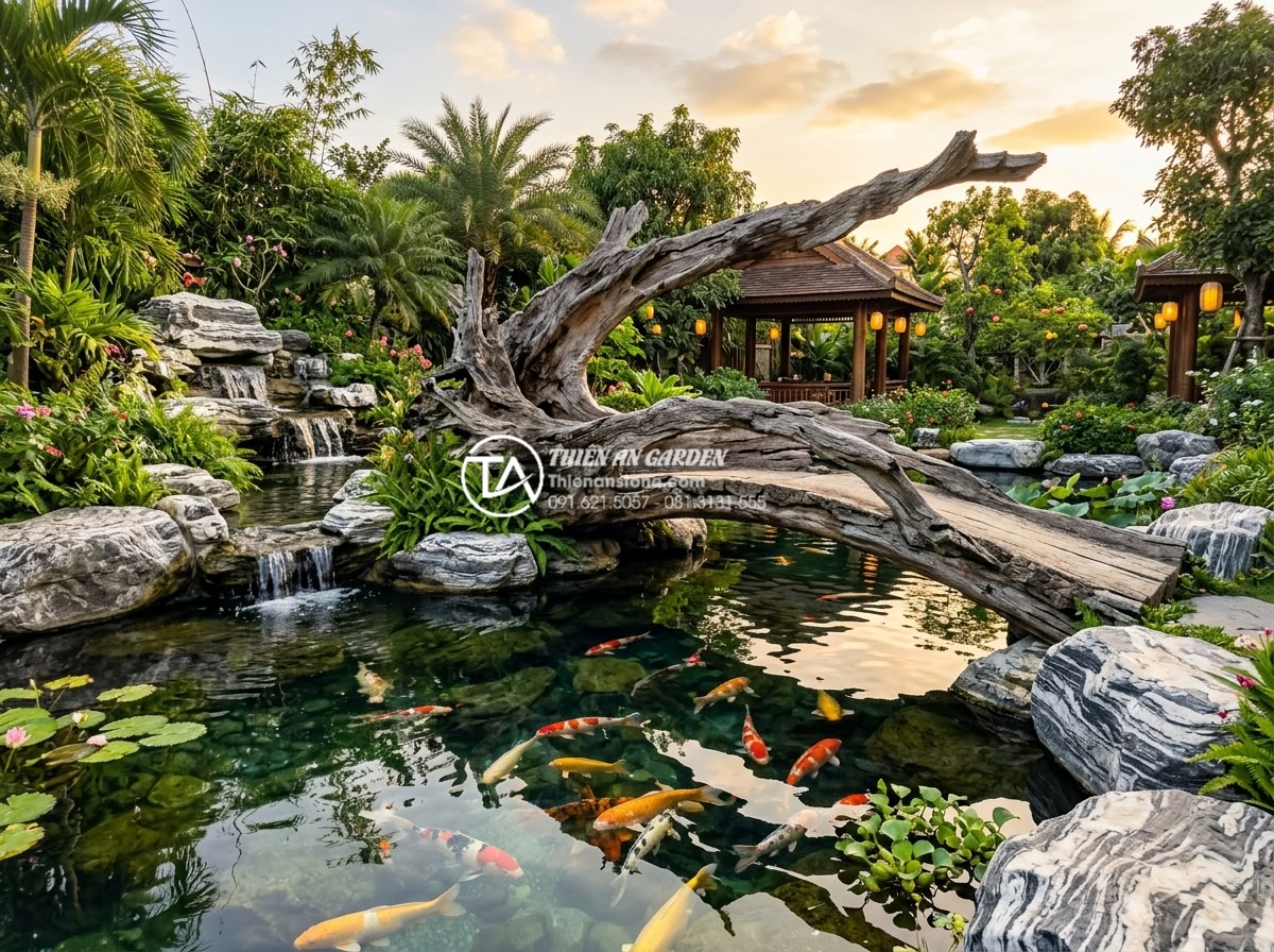 15+ Mẫu tiểu cảnh gỗ lũa đẹp, đẳng cấp dẫn đầu xu hướng 2026 - Stunning luxury koi pond integrated with massive driftwood installation, ancient