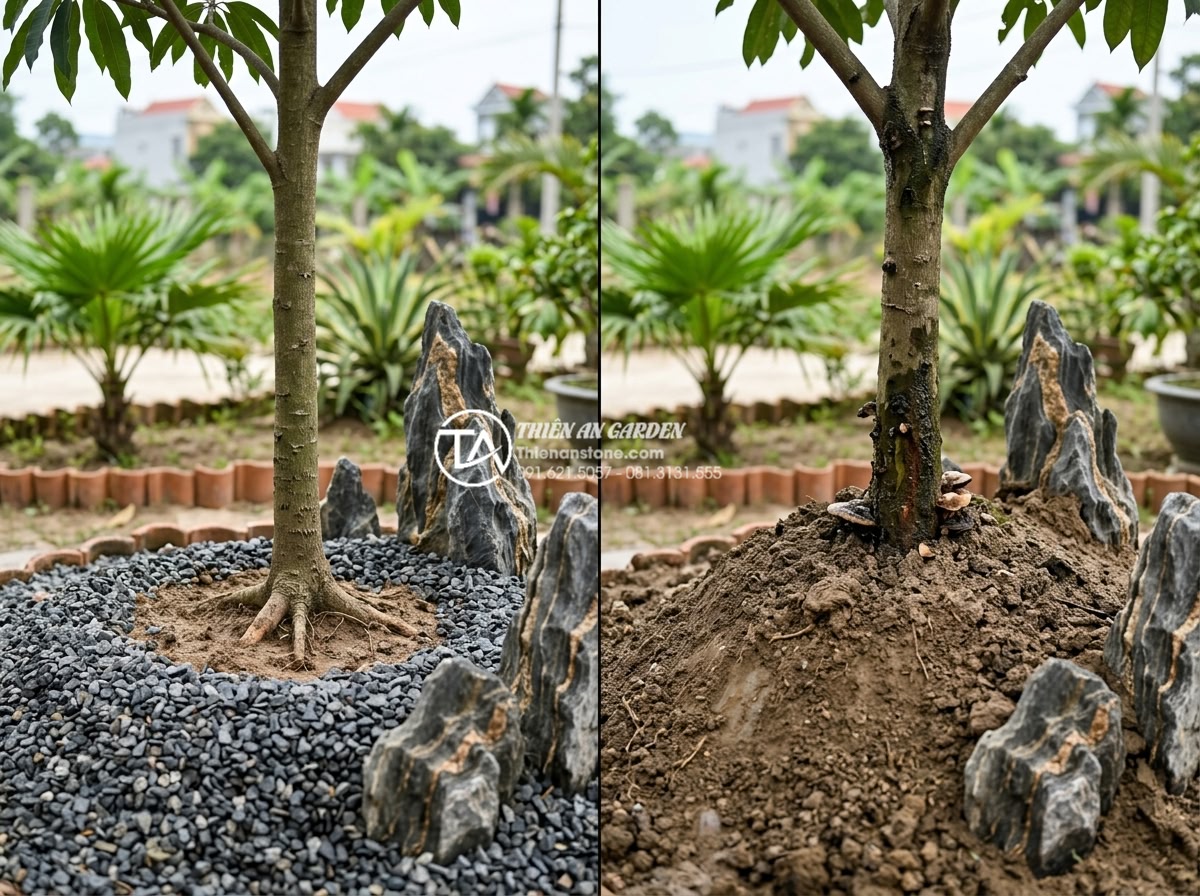 3 Sai lầm chết người khi làm tiểu cảnh khiến rễ cây bị thối - Hình 3 3 Sai lầm chết người khi làm tiểu cảnh khiến rễ cây bị thối - Side-by-side comparison photo of correct vs incorrect soil mounding technique ar