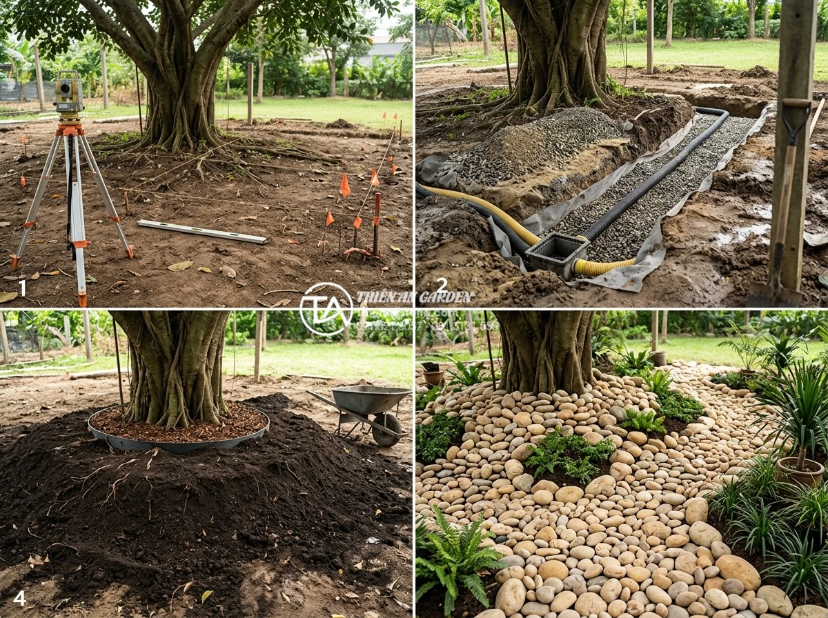 3 Sai lầm chết người khi làm tiểu cảnh khiến rễ cây bị thối - Hình 7 3 Sai lầm chết người khi làm tiểu cảnh khiến rễ cây bị thối - Step-by-step professional construction sequence image of small landscape under t