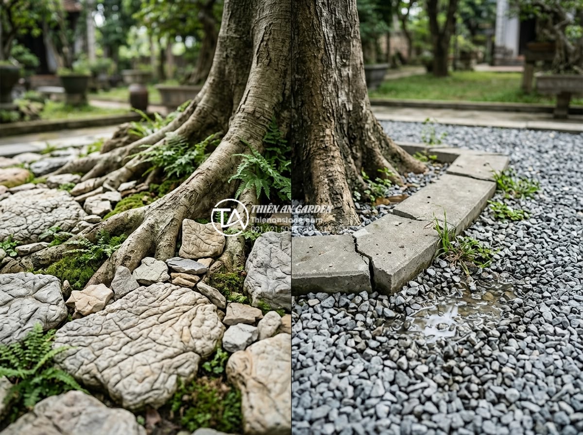 3 Sai lầm chết người khi làm tiểu cảnh khiến rễ cây bị thối - Hình 8 3 Sai lầm chết người khi làm tiểu cảnh khiến rễ cây bị thối - Elegant comparison image of natural stone small landscape versus concrete and ar