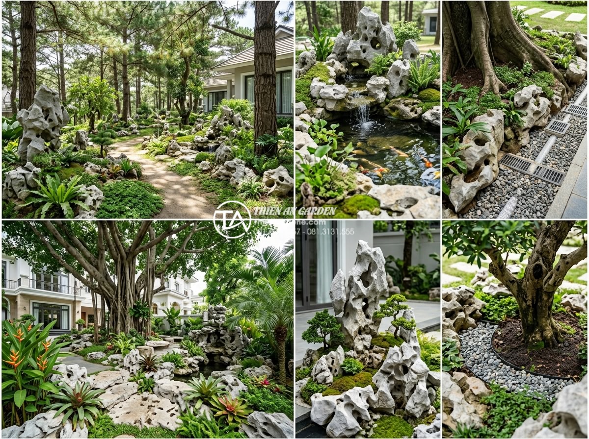 3 Sai lầm chết người khi làm tiểu cảnh khiến rễ cây bị thối - Hình 9 3 Sai lầm chết người khi làm tiểu cảnh khiến rễ cây bị thối - Real project photo collage of successful small landscapes under ancient trees at