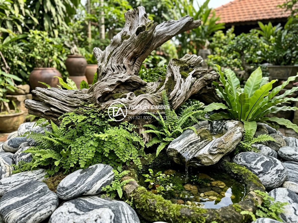 5 Sai lầm nghiêm trọng khi tự làm tiểu cảnh gỗ lũa sân vườn - Hình 1 5 Sai lầm nghiêm trọng khi tự làm tiểu cảnh gỗ lũa sân vườn - Detailed close-up photograph of a large natural driftwood piece as the centerpie