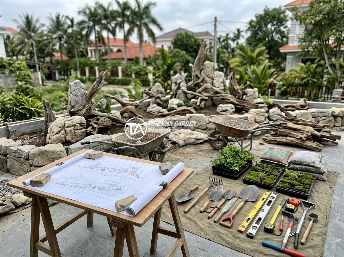 5 Sai lầm nghiêm trọng khi tự làm tiểu cảnh gỗ lũa sân vườn - Hình 12 5 Sai lầm nghiêm trọng khi tự làm tiểu cảnh gỗ lũa sân vườn - Well-organized professional team executing a detailed driftwood garden plan with