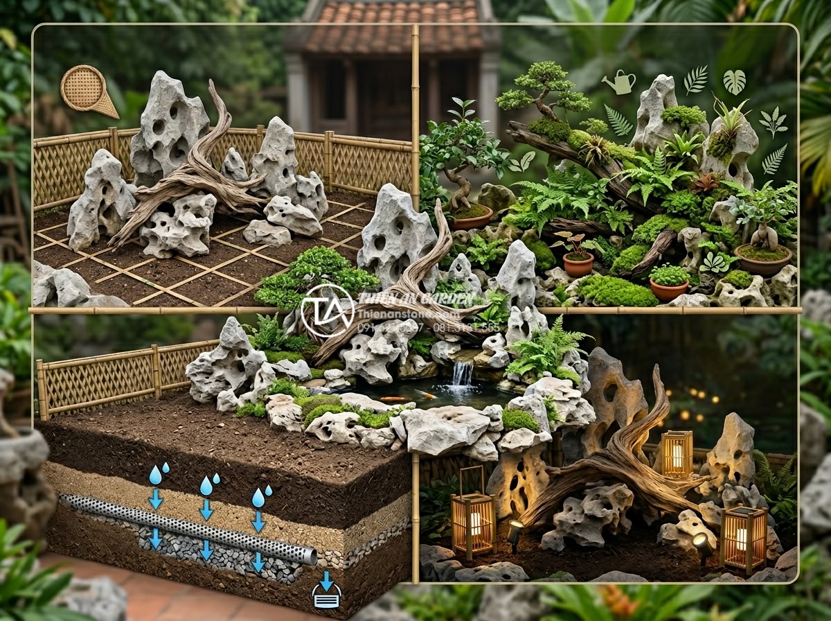 5 Sai lầm nghiêm trọng khi tự làm tiểu cảnh gỗ lũa sân vườn - Hình 13 5 Sai lầm nghiêm trọng khi tự làm tiểu cảnh gỗ lũa sân vườn - Checklist style image of key considerations for driftwood garden setup including