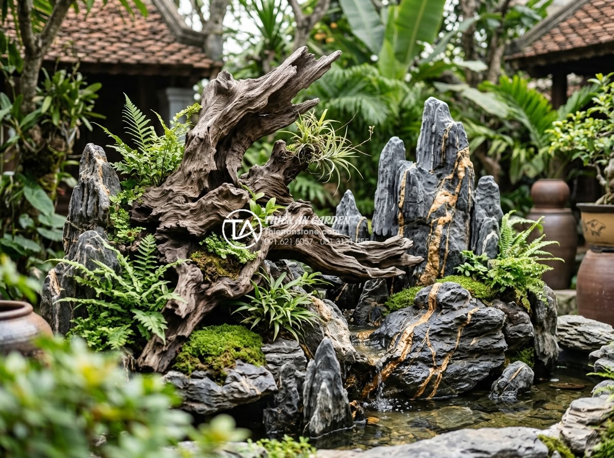 5 Sai lầm nghiêm trọng khi tự làm tiểu cảnh gỗ lũa sân vườn - Hình 14 5 Sai lầm nghiêm trọng khi tự làm tiểu cảnh gỗ lũa sân vườn - Detailed overview of a well-planned driftwood landscape highlighting important t