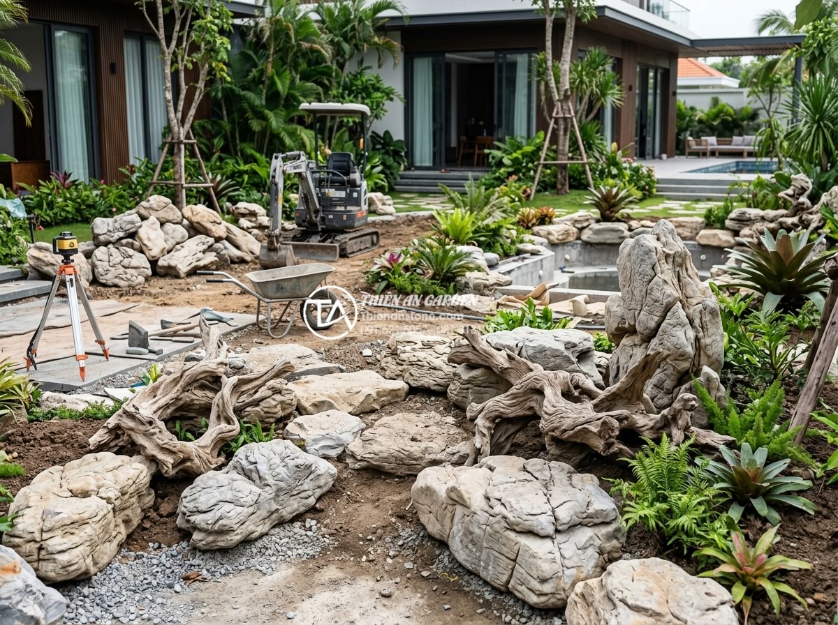 5 Sai lầm nghiêm trọng khi tự làm tiểu cảnh gỗ lũa sân vườn - Hình 19 5 Sai lầm nghiêm trọng khi tự làm tiểu cảnh gỗ lũa sân vườn - Professional team from Da Canh Thien An company working on a luxurious driftwood