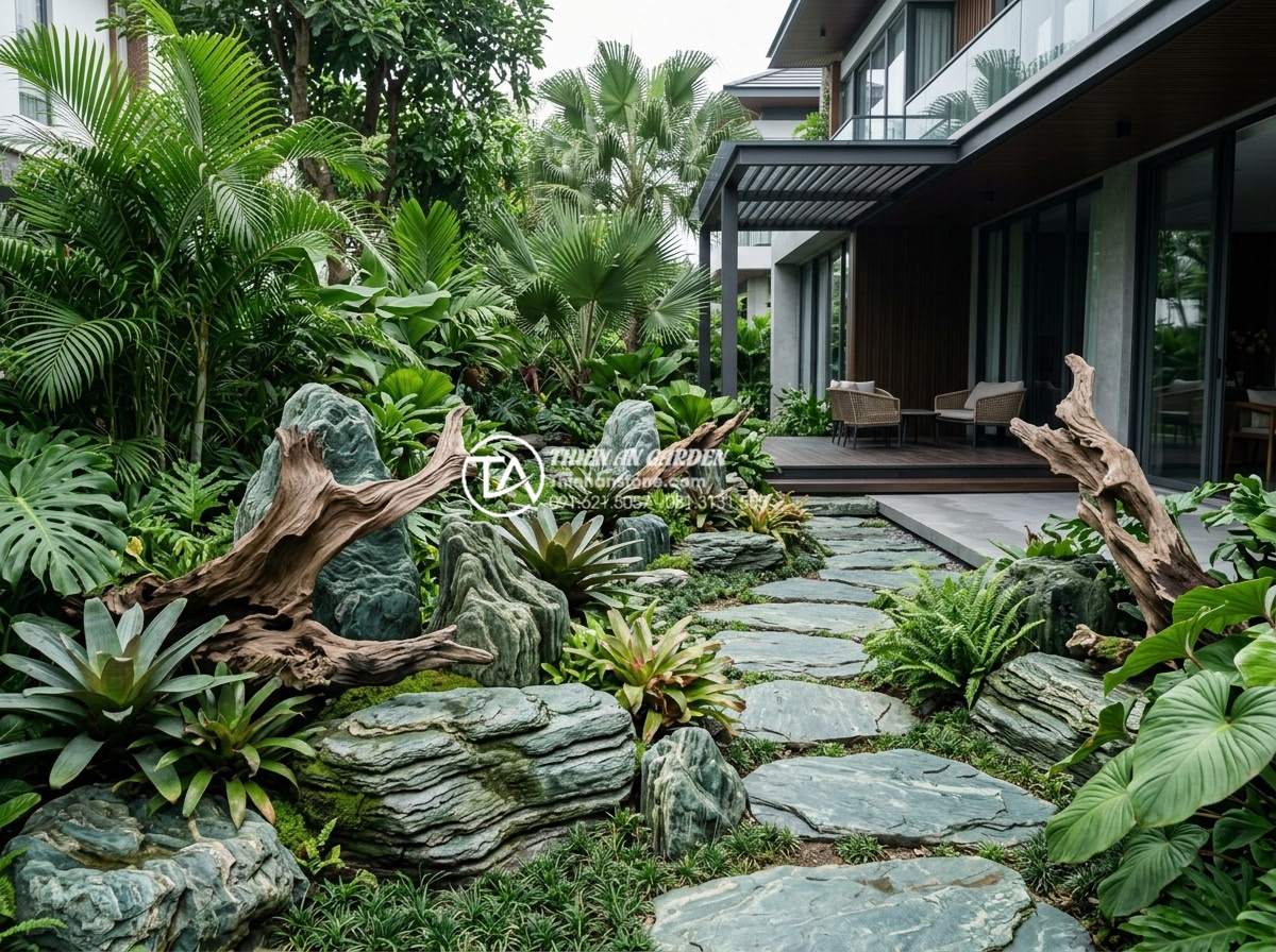 5 Sai lầm nghiêm trọng khi tự làm tiểu cảnh gỗ lũa sân vườn - Hình 2 5 Sai lầm nghiêm trọng khi tự làm tiểu cảnh gỗ lũa sân vườn - Wide angle view of an elegant backyard garden featuring multiple driftwood sculp