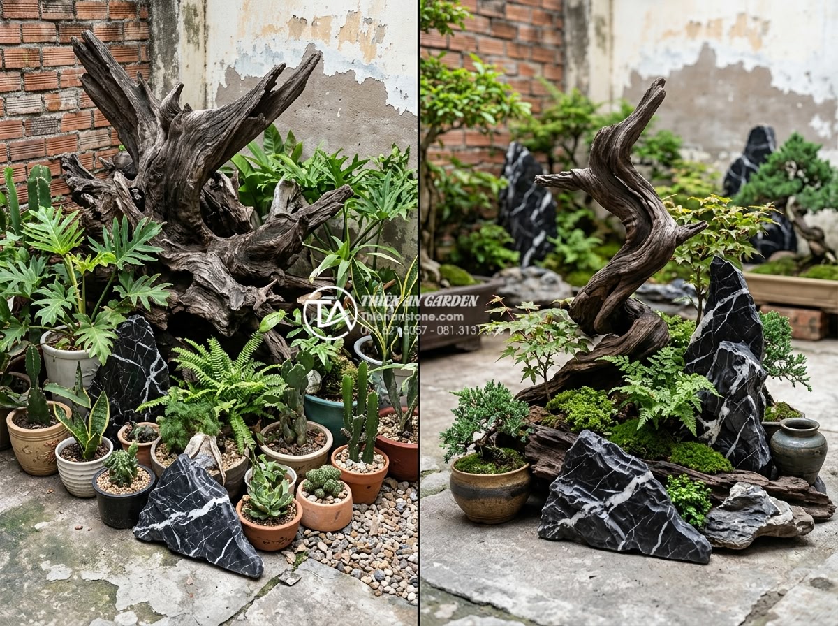 5 Sai lầm nghiêm trọng khi tự làm tiểu cảnh gỗ lũa sân vườn - Hình 3 5 Sai lầm nghiêm trọng khi tự làm tiểu cảnh gỗ lũa sân vườn - Realistic image showing incorrect oversized driftwood dominating a small garden