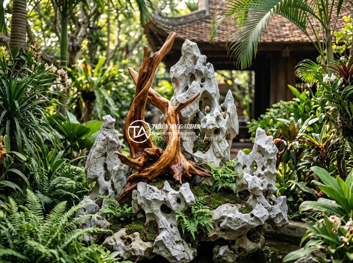 5 Sai lầm nghiêm trọng khi tự làm tiểu cảnh gỗ lũa sân vườn - Hình 6 5 Sai lầm nghiêm trọng khi tự làm tiểu cảnh gỗ lũa sân vườn - High-quality photo of professionally preserved driftwood centerpiece in a lush g