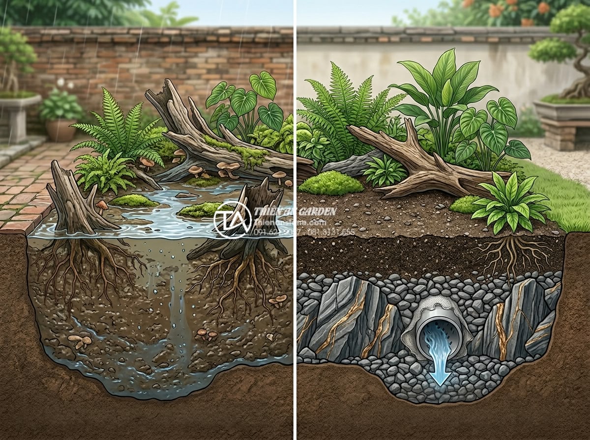5 Sai lầm nghiêm trọng khi tự làm tiểu cảnh gỗ lũa sân vườn - Hình 7 5 Sai lầm nghiêm trọng khi tự làm tiểu cảnh gỗ lũa sân vườn - Illustration of poor drainage system in driftwood garden causing water pooling a