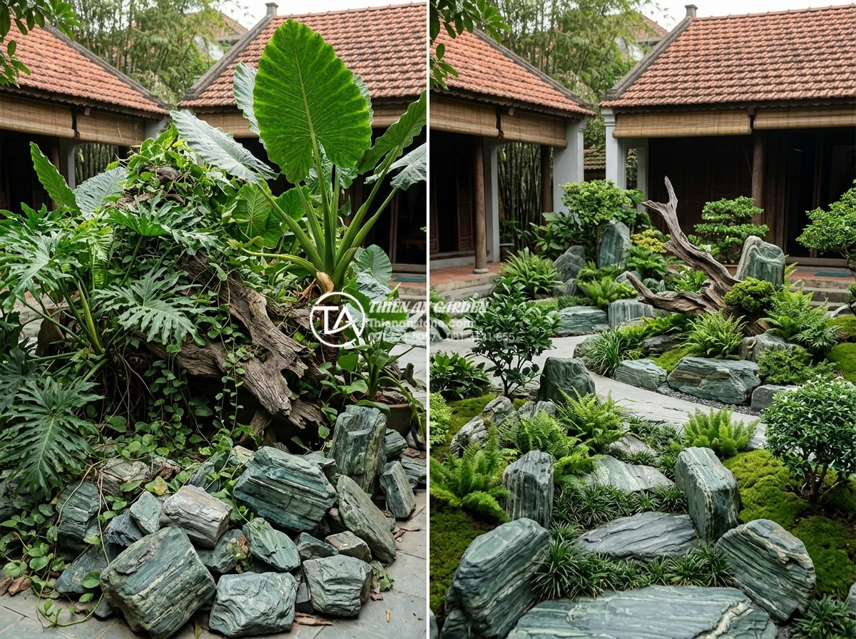 5 Sai lầm nghiêm trọng khi tự làm tiểu cảnh gỗ lũa sân vườn - Hình 9 5 Sai lầm nghiêm trọng khi tự làm tiểu cảnh gỗ lũa sân vườn - Unbalanced garden design with oversized plants hiding driftwood and clashing sto