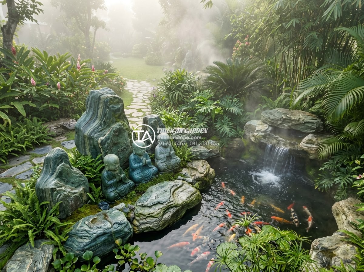 7 Sai lầm nghiêm trọng khi bài trí tiểu cảnh chú tiểu gây mất thẩm mỹ - Aerial photorealistic view of an elegant Vietnamese resort garden showcasing opt
