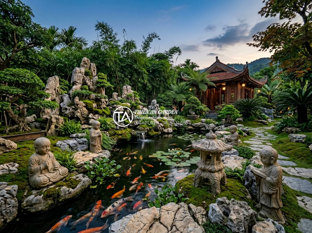7 Sai lầm nghiêm trọng khi bài trí tiểu cảnh chú tiểu gây mất thẩm mỹ - Wide photorealistic landscape of a harmonious luxury garden where natural stone 