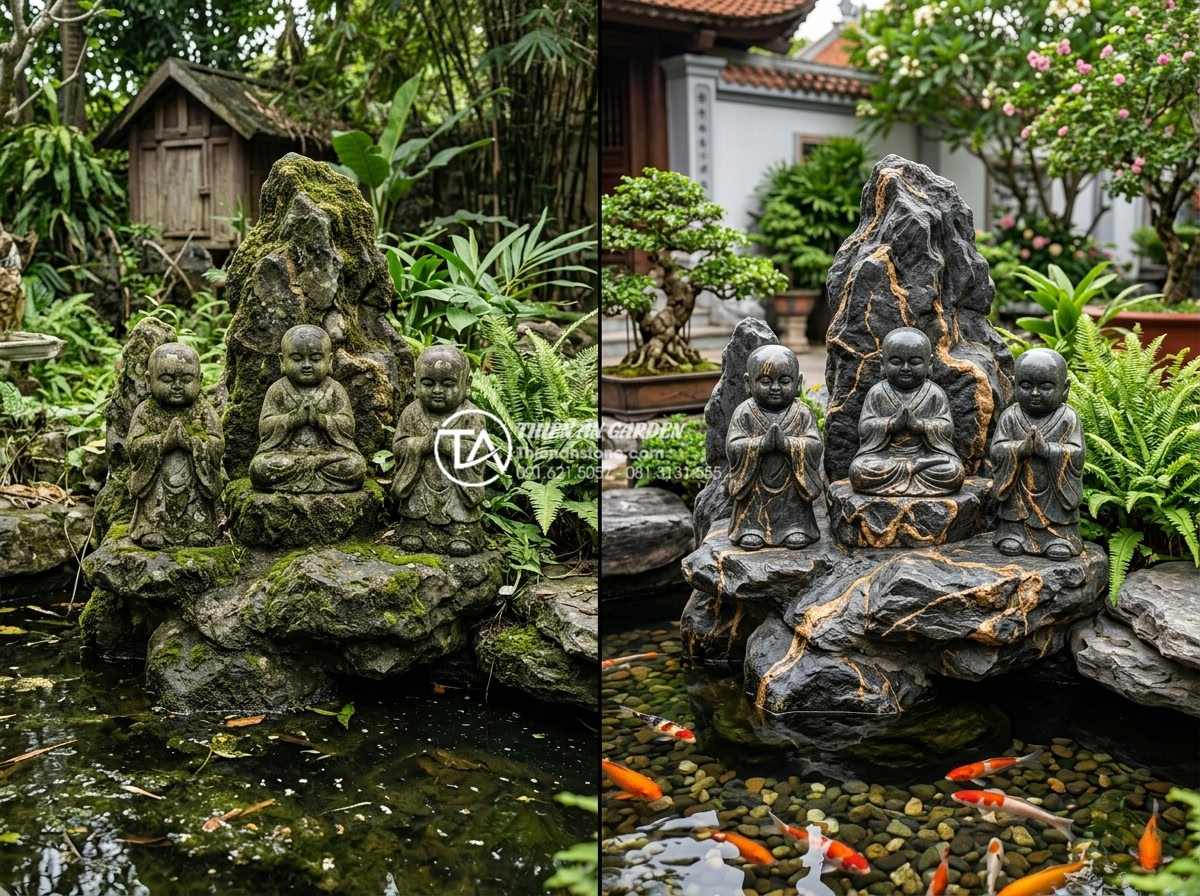 7 Sai lầm nghiêm trọng khi bài trí tiểu cảnh chú tiểu gây mất thẩm mỹ - Before and after photorealistic comparison of natural stone chú tiểu statues: le