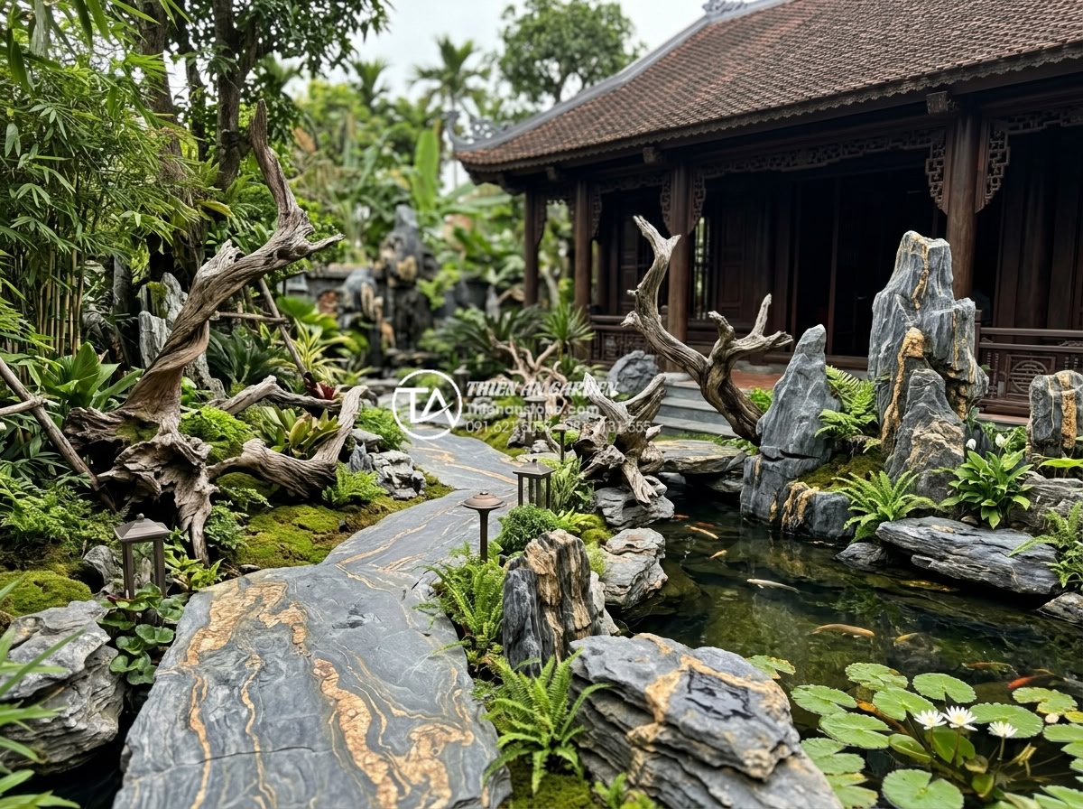 Báo giá thiết kế thi công tiểu cảnh gỗ lũa trọn gói mới nhất 2026 - Luxury villa garden with extensive driftwood landscape design, elegant pathways,