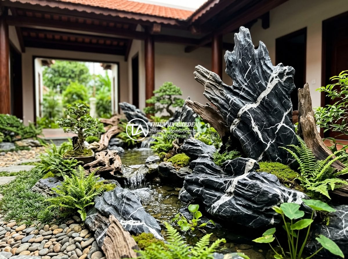 Báo giá thiết kế thi công tiểu cảnh gỗ lũa trọn gói mới nhất 2026 - Tranquil driftwood landscape scene designed according to Feng Shui principles, f