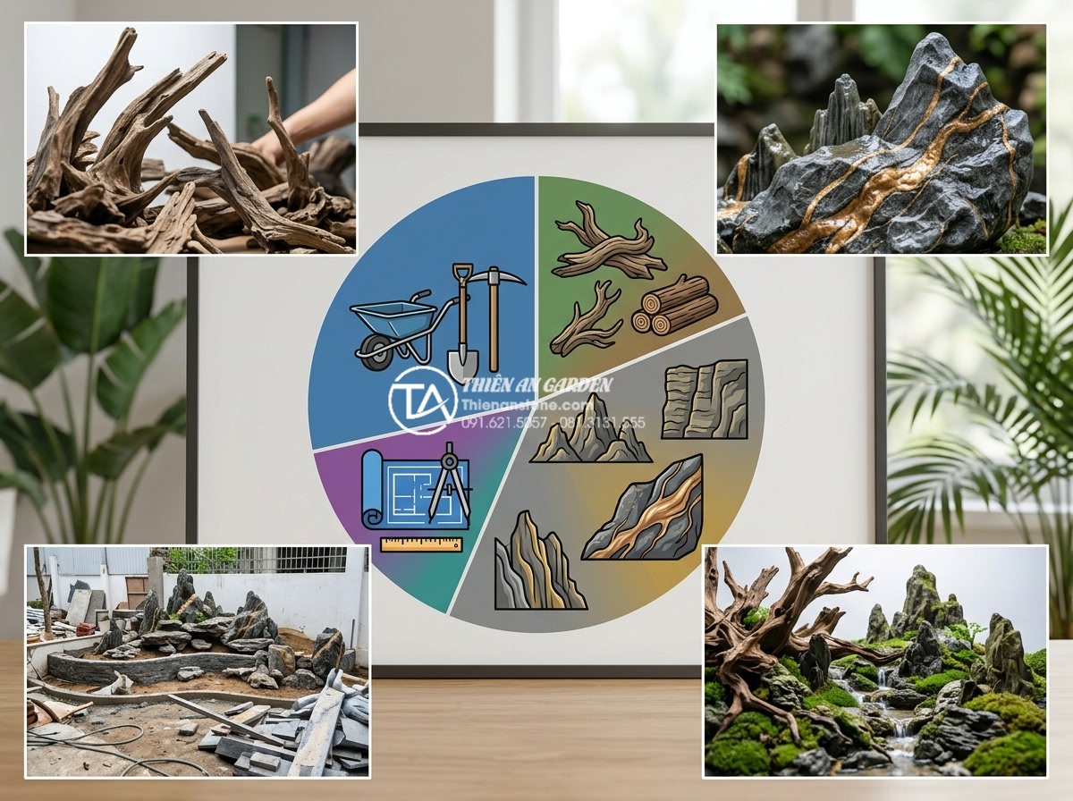 Báo giá thiết kế thi công tiểu cảnh gỗ lũa trọn gói mới nhất 2026 - Breakdown pie chart style image illustrating cost components of driftwood landsc