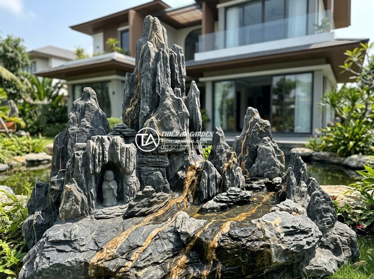 Báo giá tiểu cảnh chú tiểu bằng đá tự nhiên chi tiết nhất 2026 - Wide angle professional photograph showing a large natural stone monk landscape 