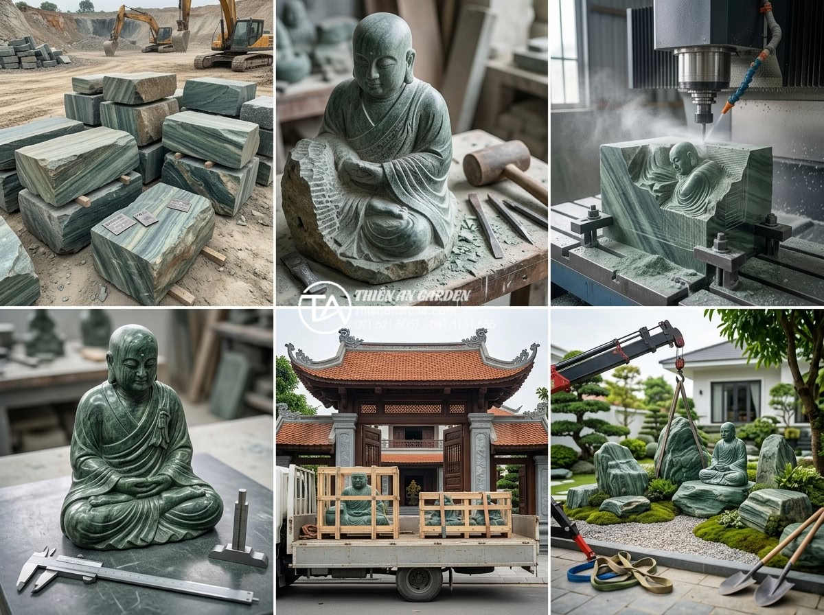 Báo giá tiểu cảnh chú tiểu bằng đá tự nhiên chi tiết nhất 2026 - Step-by-step professional photography collage showing the complete process of cr