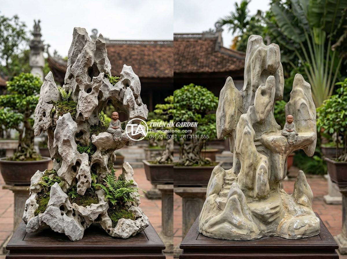 Báo giá tiểu cảnh chú tiểu bằng đá tự nhiên chi tiết nhất 2026 - Professional side-by-side comparison photograph of natural stone monk landscape 