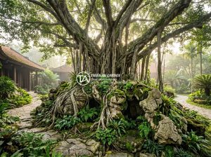 Cách bố trí đá mồ côi tạo hang hốc tự nhiên dưới tán cây lớn - Photorealistic wide-angle view of a large ancient banyan tree in a Vietnamese lu