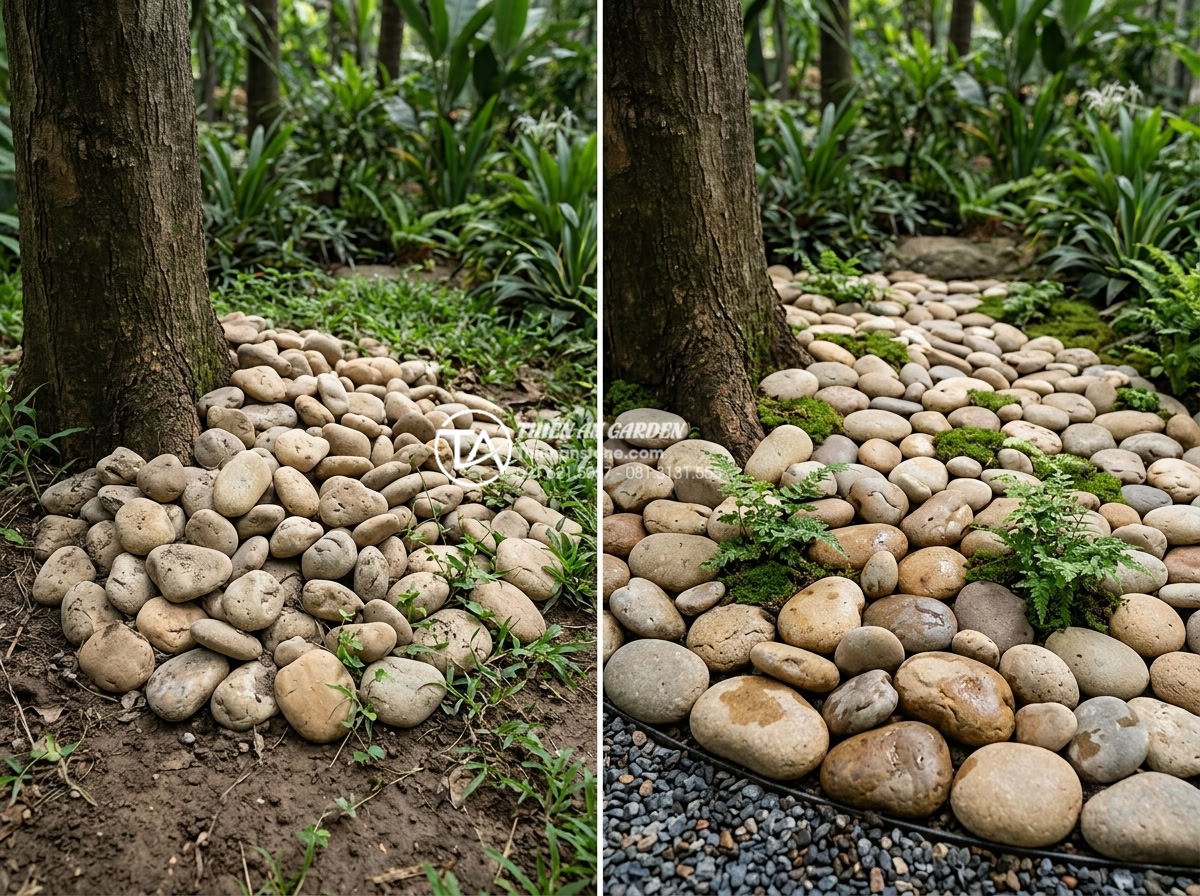 Cách bố trí đá mồ côi tạo hang hốc tự nhiên dưới tán cây lớn - Hình 7 Cách bố trí đá mồ côi tạo hang hốc tự nhiên dưới tán cây lớn - Realistic before-and-after comparison image showing common mistakes in stone arr