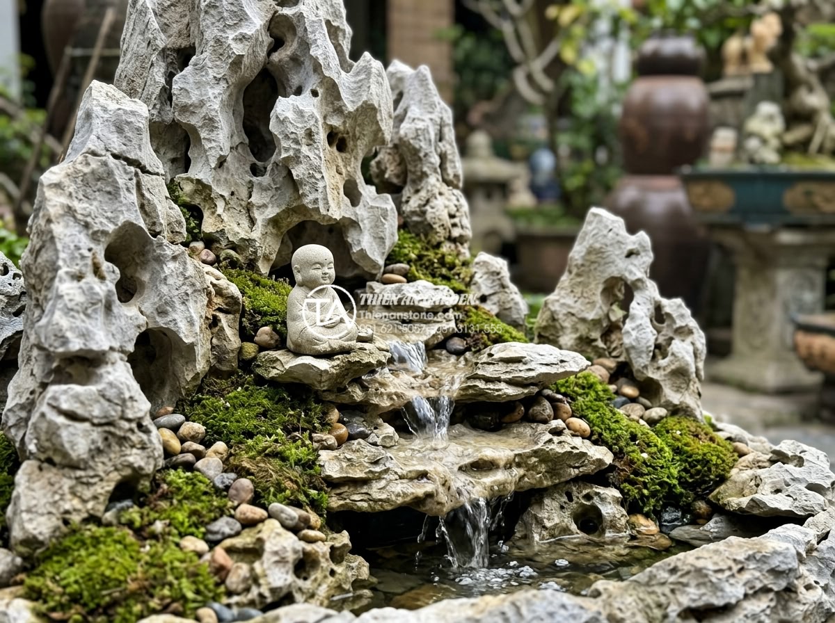 Cách lắp đặt hệ thống máy bơm mini cho tiểu cảnh chú tiểu thác nước - Detailed close-up photograph of a miniature stone landscape featuring a carved l