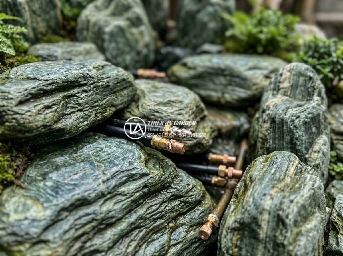 Cách lắp đặt hệ thống máy bơm mini cho tiểu cảnh chú tiểu thác nước - Close-up of various water spray nozzles and fountain attachments being installed
