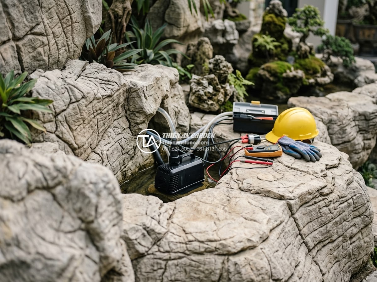 Cách lắp đặt hệ thống máy bơm mini cho tiểu cảnh chú tiểu thác nước - Technician testing electrical connections on a mini pump system embedded in ston