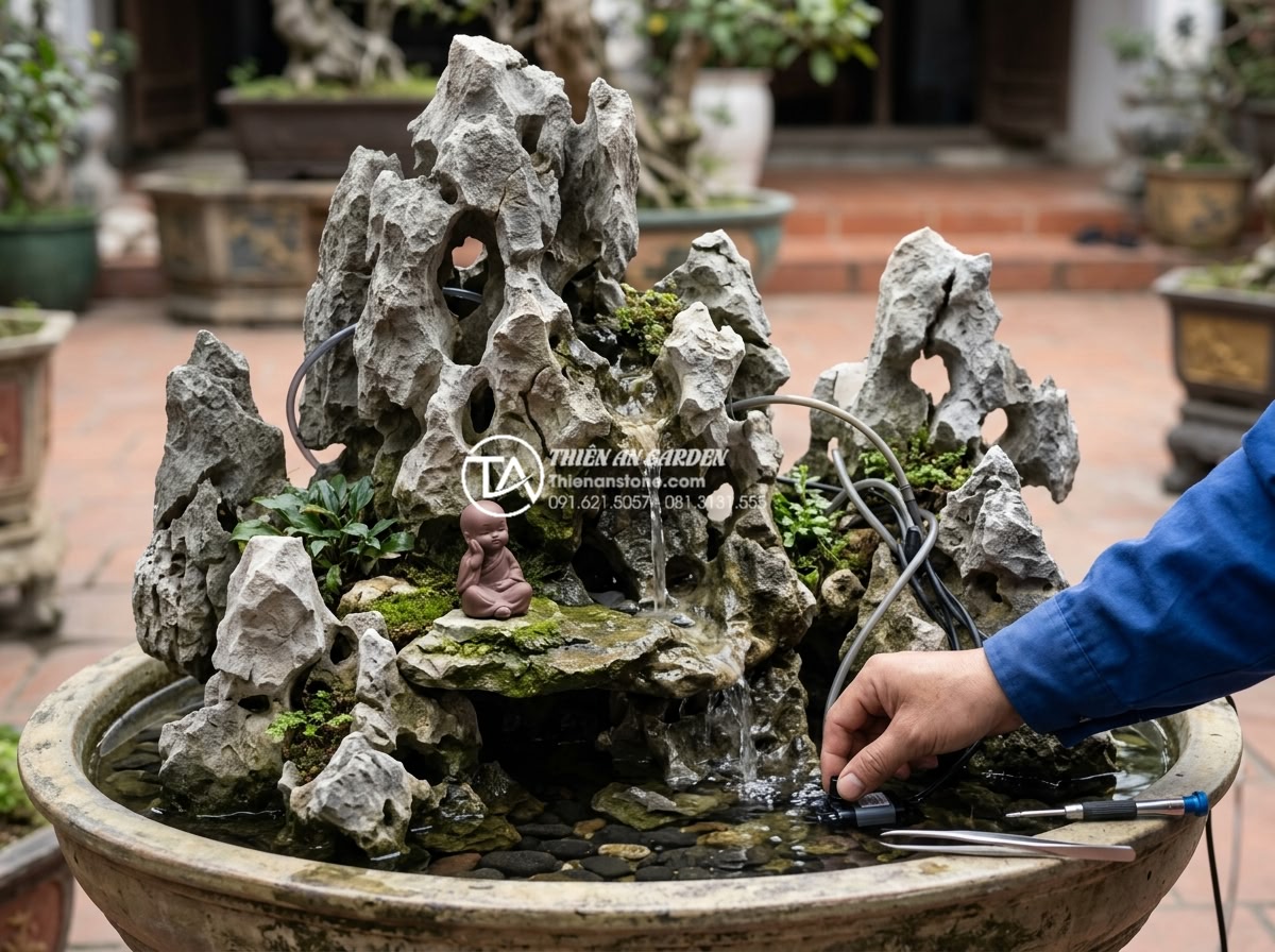 Cách lắp đặt hệ thống máy bơm mini cho tiểu cảnh chú tiểu thác nước - Technician monitoring and adjusting a newly installed mini pump waterfall system