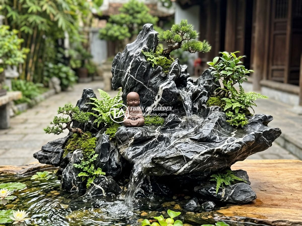 Cách lắp đặt hệ thống máy bơm mini cho tiểu cảnh chú tiểu thác nước - Optimized miniature landscape with enhanced lighting and water flow on chú tiểu 