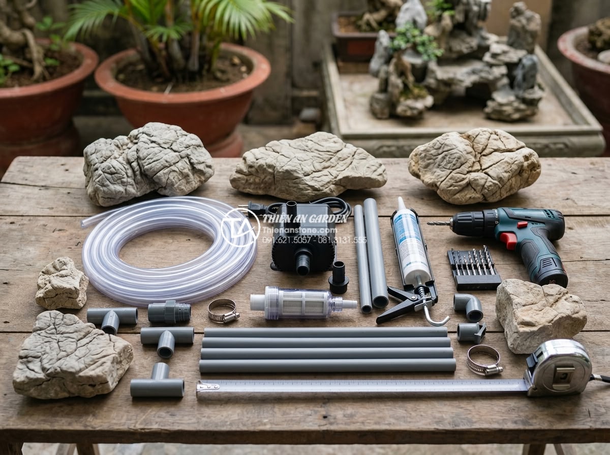 Cách lắp đặt hệ thống máy bơm mini cho tiểu cảnh chú tiểu thác nước - Organized flat lay photo of installation tools and materials for mini water pump