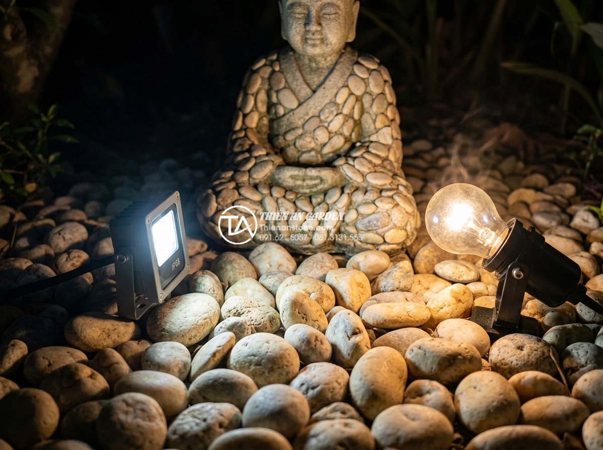 Cách phối đèn led cho tiểu cảnh chú tiểu thêm lung linh vào ban đêm - Technical close-up comparison of modern waterproof LED mini lights versus tradit