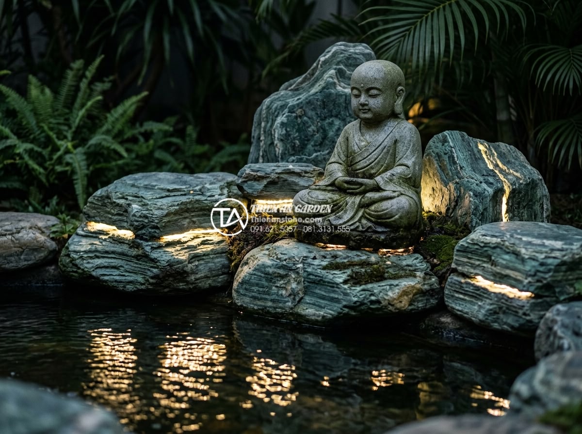 Cách phối đèn led cho tiểu cảnh chú tiểu thêm lung linh vào ban đêm - Seamless integration of LED lights embedded within natural stone elements of a l