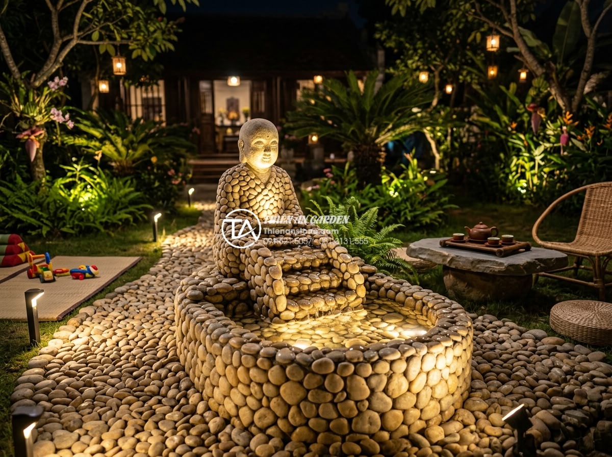 Cách phối đèn led cho tiểu cảnh chú tiểu thêm lung linh vào ban đêm - Happy family enjoying a beautifully lit stone monk water feature garden at night