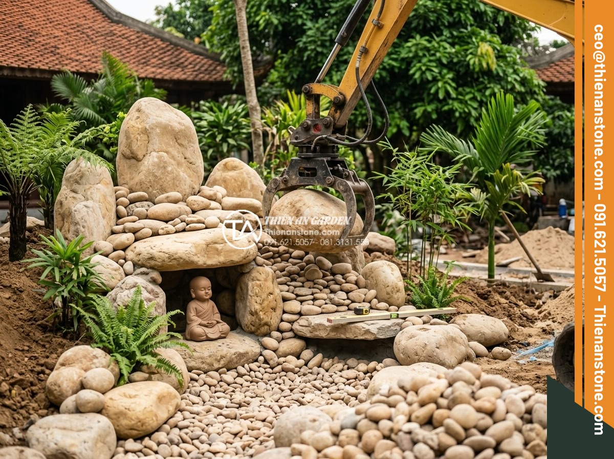 Cách thiết kế tiểu cảnh chú tiểu non bộ chuẩn phong thủy cho sân vườn - Professional team installing hòn non bộ chú tiểu with heavy machinery, stone pla
