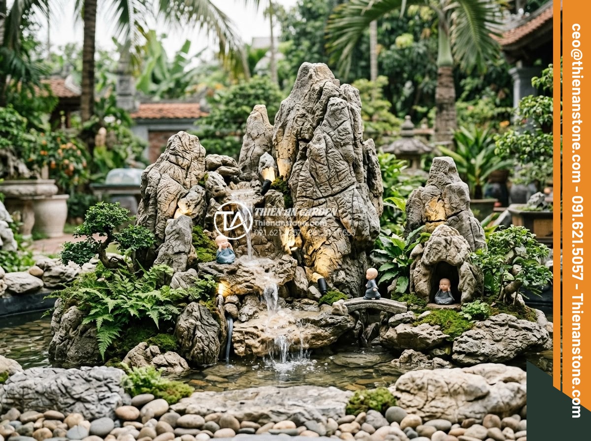 Cách thiết kế tiểu cảnh chú tiểu non bộ chuẩn phong thủy cho sân vườn - Advanced installation of water pump system and LED lighting for tiểu cảnh chú ti