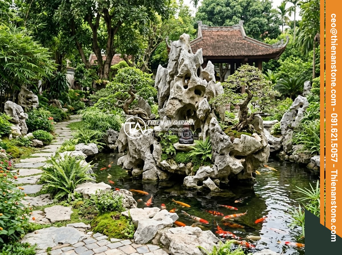 Cách thiết kế tiểu cảnh chú tiểu non bộ chuẩn phong thủy cho sân vườn - Integrated garden scene with tiểu cảnh chú tiểu non bộ harmoniously combined wit