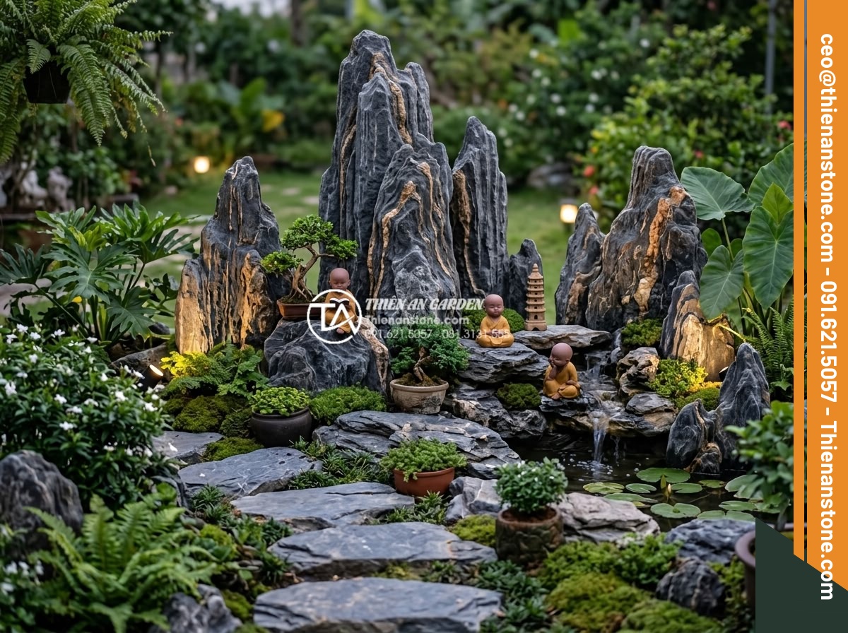 Cách thiết kế tiểu cảnh chú tiểu non bộ chuẩn phong thủy cho sân vườn - Complete garden coordination showing tiểu cảnh chú tiểu non bộ with complementar