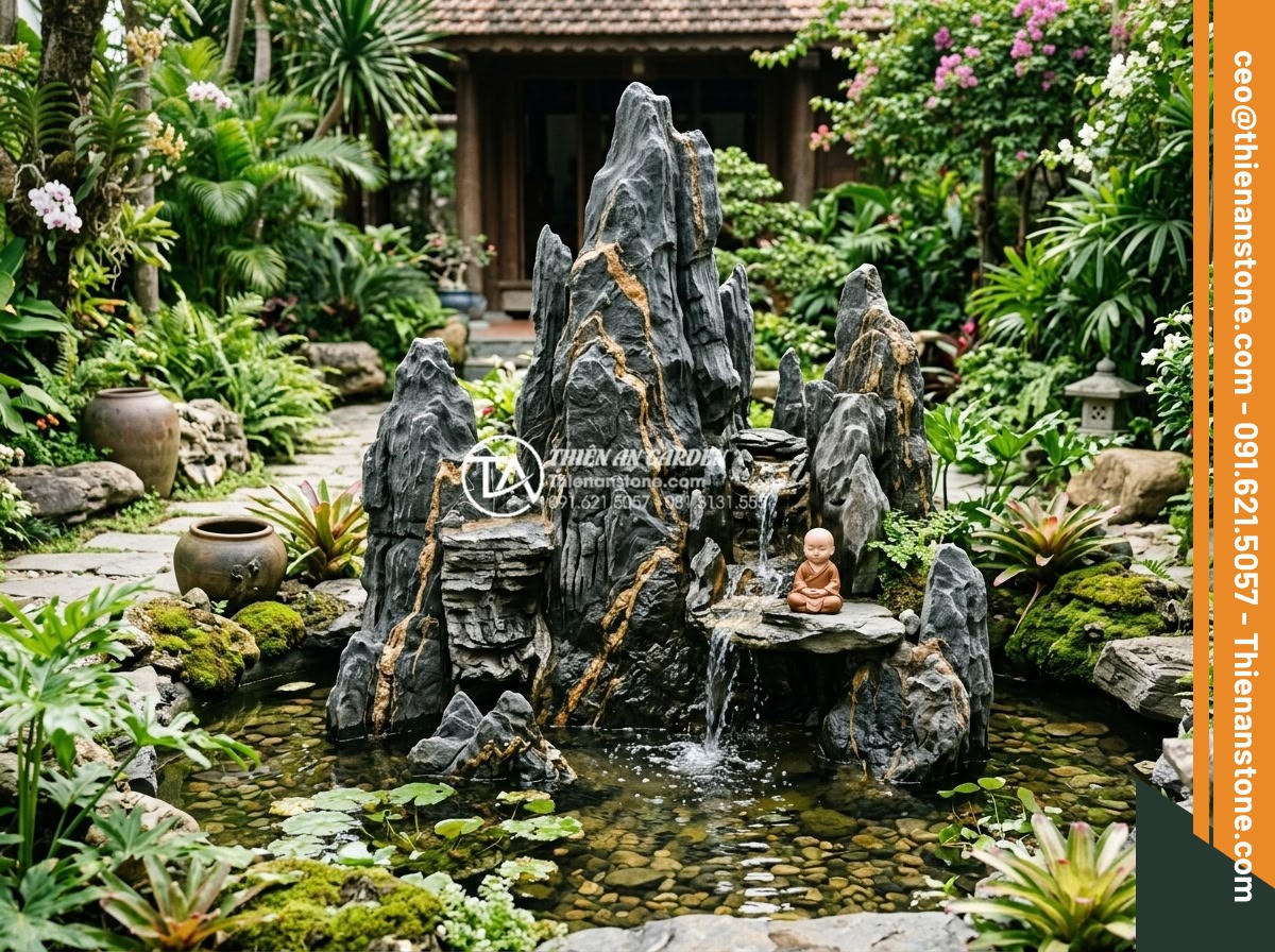 Cách thiết kế tiểu cảnh chú tiểu non bộ chuẩn phong thủy cho sân vườn - Panoramic shot of a serene backyard garden with hòn non bộ chú tiểu centerpiece 
