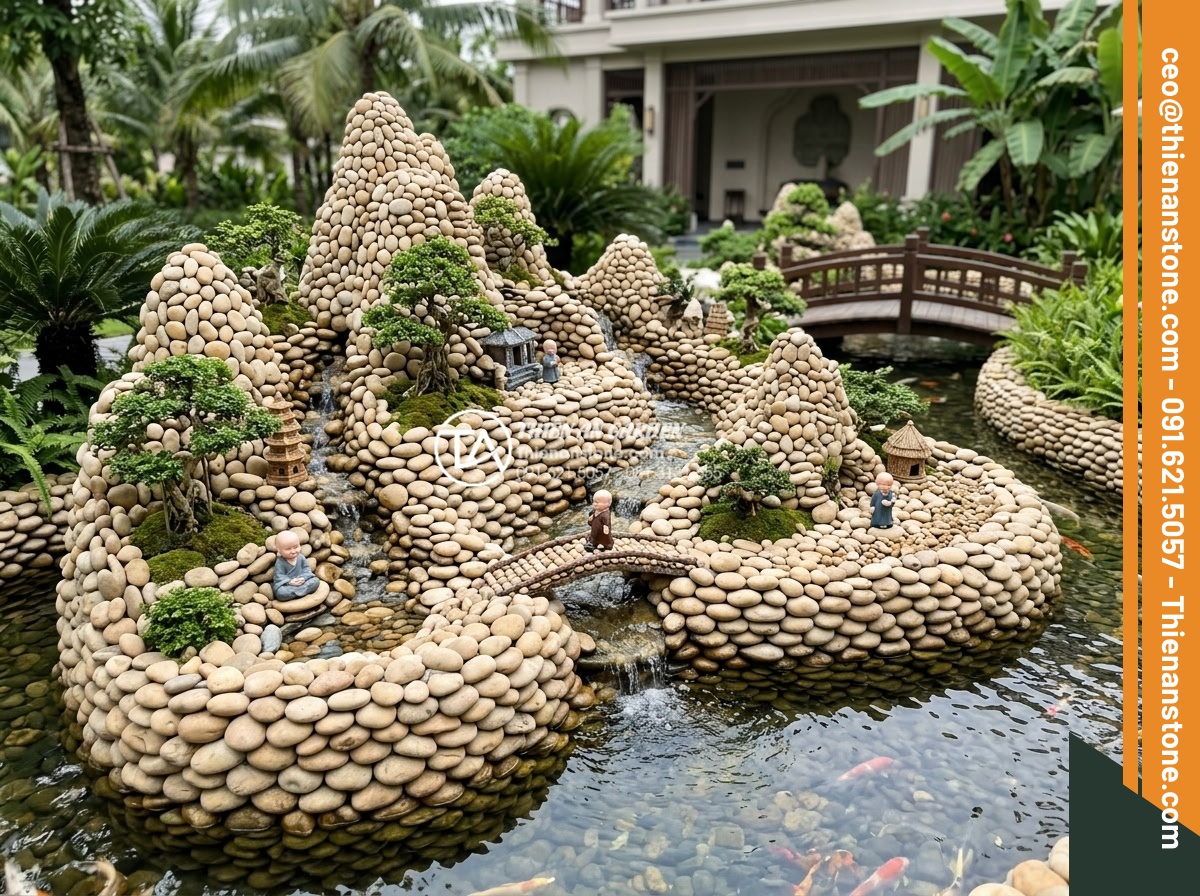 Cách thiết kế tiểu cảnh chú tiểu non bộ chuẩn phong thủy cho sân vườn - Luxurious resort-style hòn non bộ chú tiểu examples with expansive stone formati