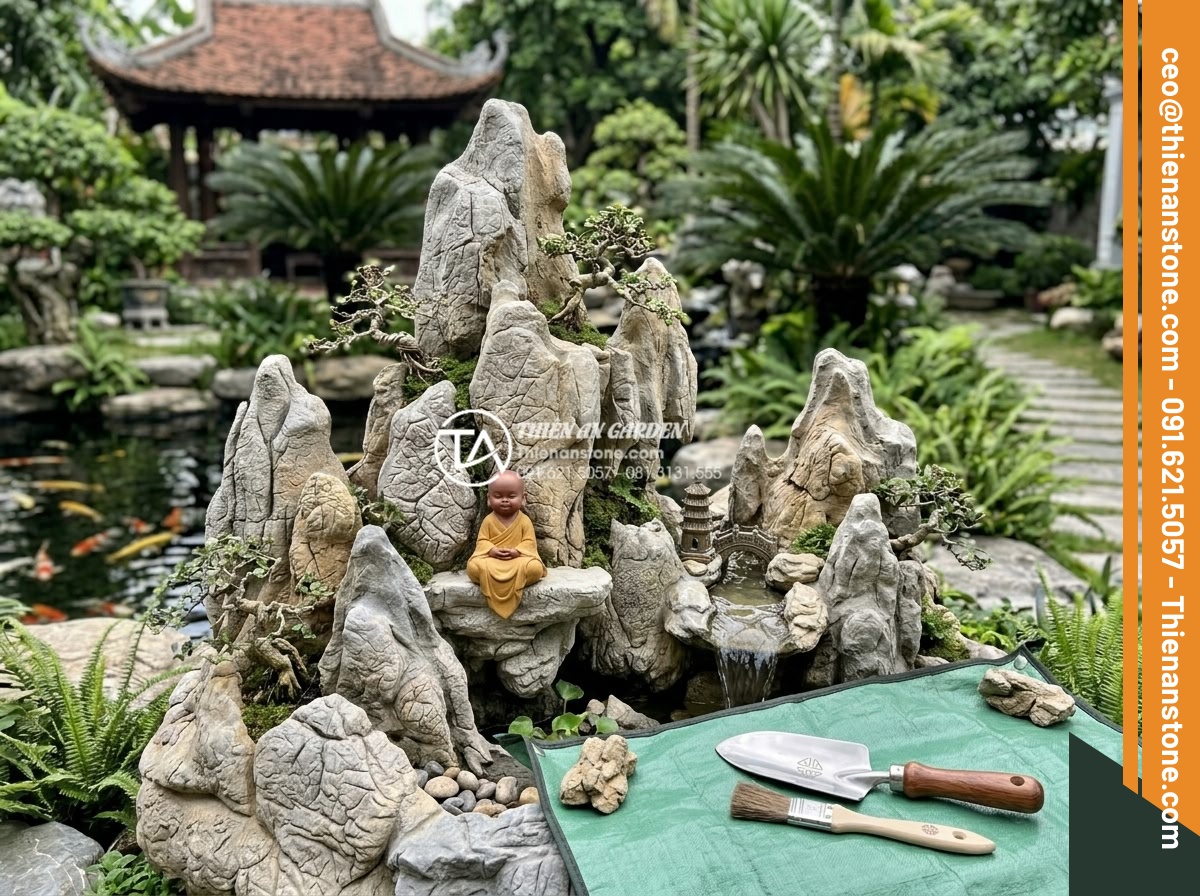 Cách thiết kế tiểu cảnh chú tiểu non bộ chuẩn phong thủy cho sân vườn - Professional team from Đá Cảnh Thiên An working on a large-scale tiểu cảnh chú t