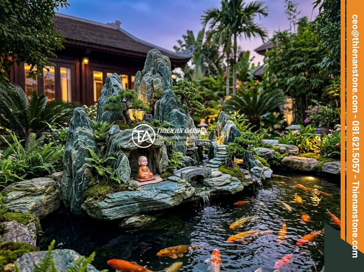 Cách thiết kế tiểu cảnh chú tiểu non bộ chuẩn phong thủy cho sân vườn - Artistic rendering of hòn non bộ chú tiểu in a luxurious villa garden at dusk, w