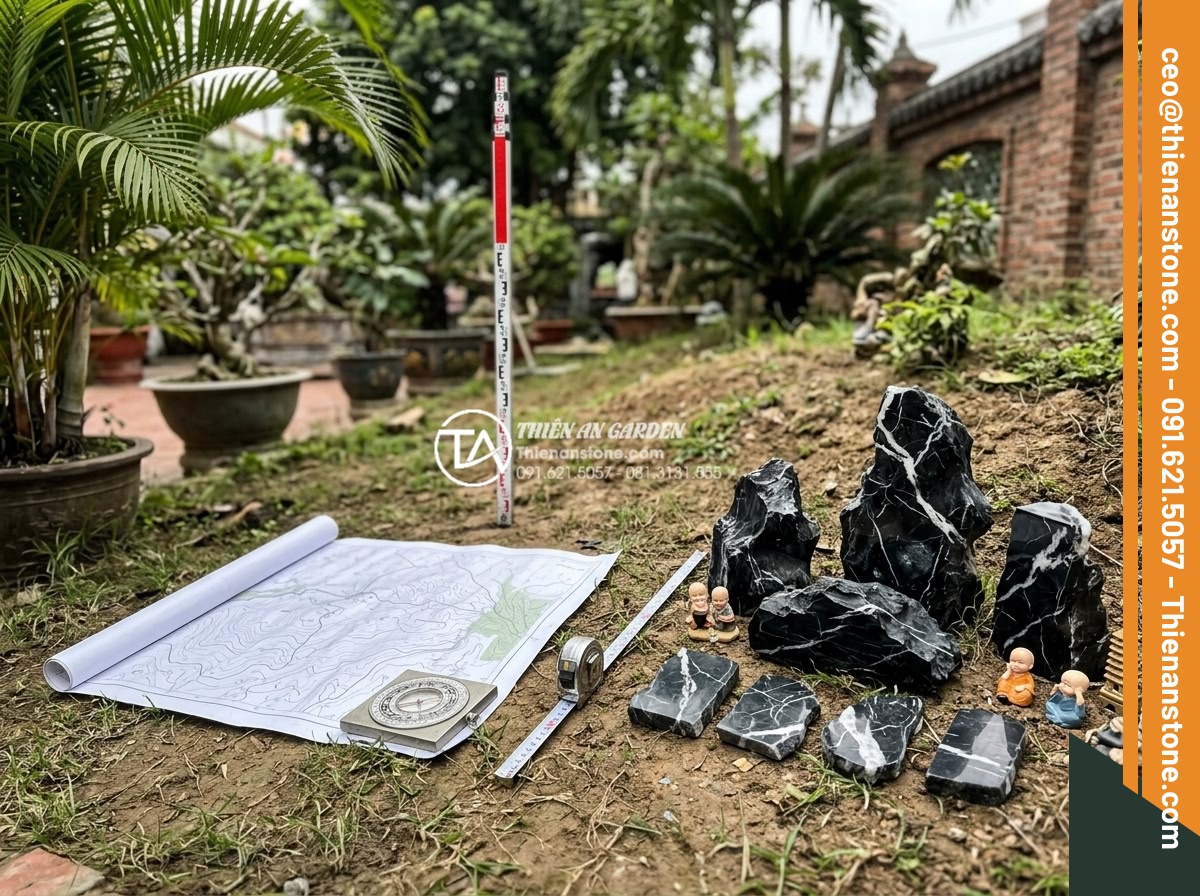 Cách thiết kế tiểu cảnh chú tiểu non bộ chuẩn phong thủy cho sân vườn - Professional site survey of a garden space for hòn non bộ chú tiểu installation,
