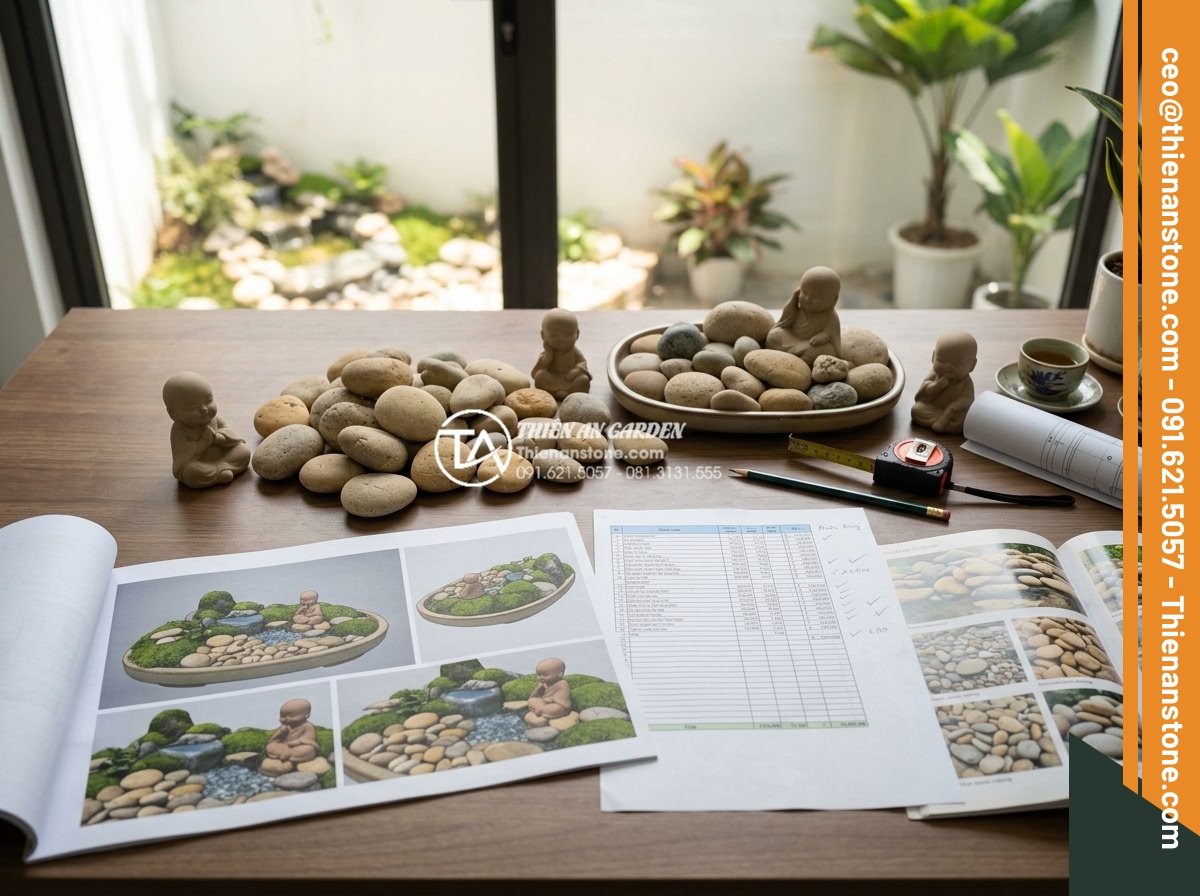 Cách thiết kế tiểu cảnh chú tiểu non bộ chuẩn phong thủy cho sân vườn - Budget planning documents and material samples for designing tiểu cảnh chú tiểu 